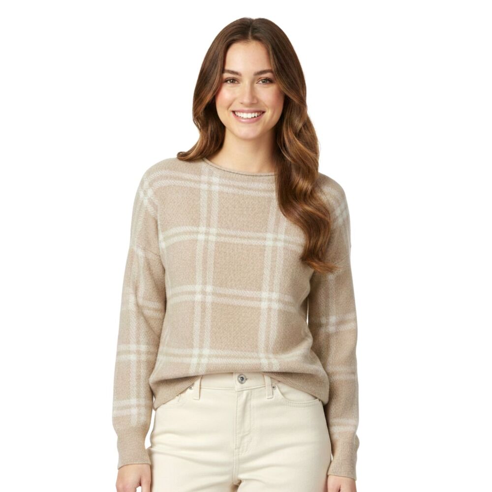 Cynthia Rowley Beige White Plaid Check‎ Oversized Knit Crewneck Sweater Neutral - Picture 2 of 8